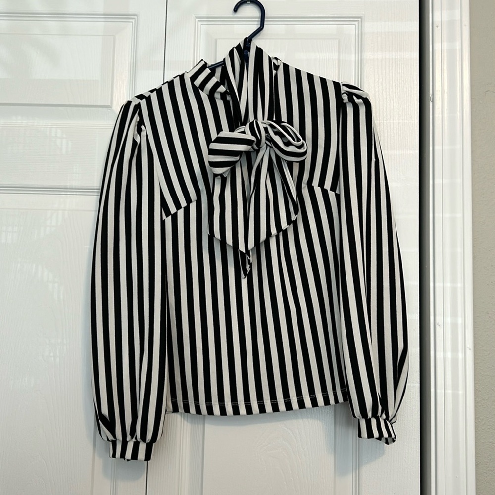 Mock neck black and white striped blouse